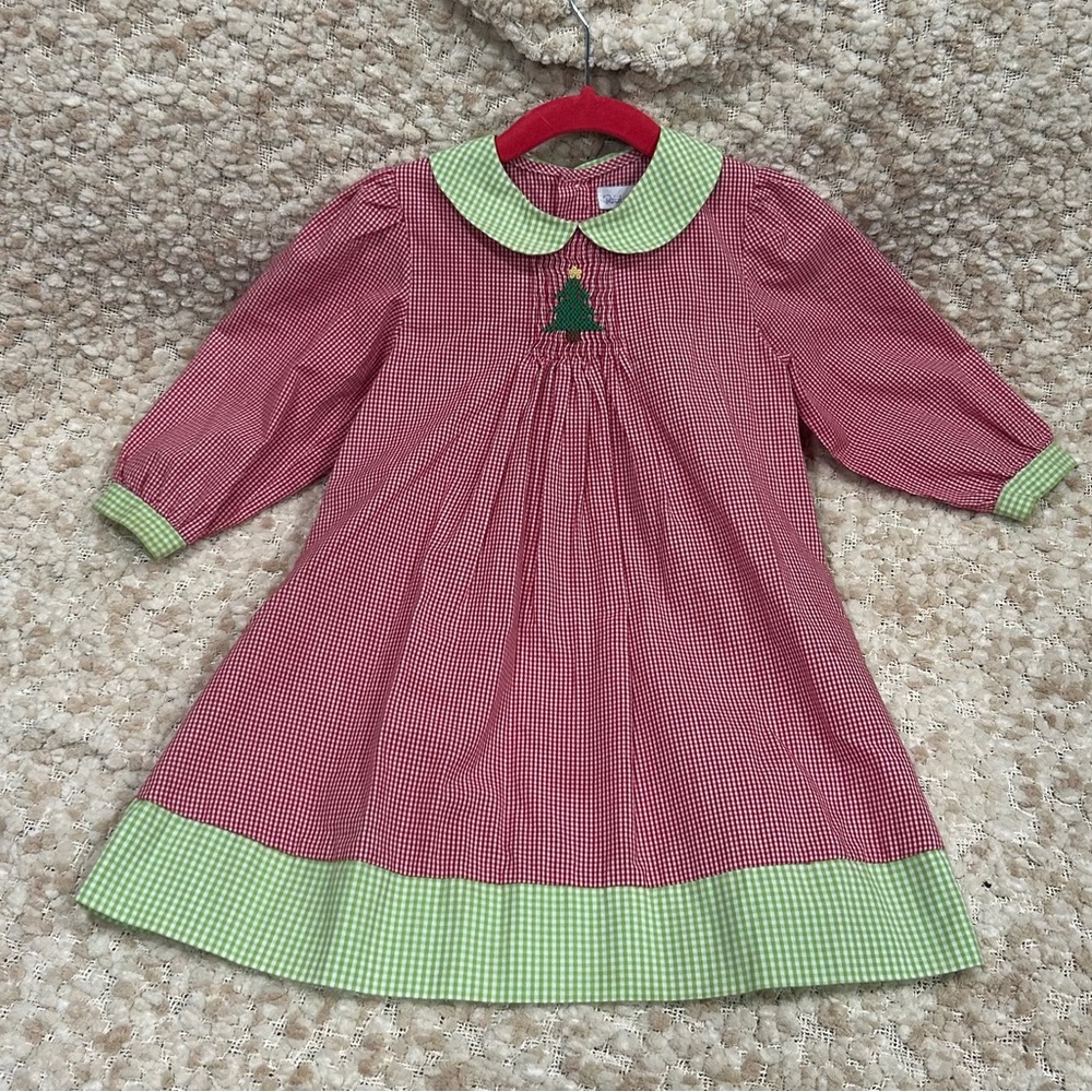 Petit Pomme Red and Green gingham Dress with Tree smocking size 24mo